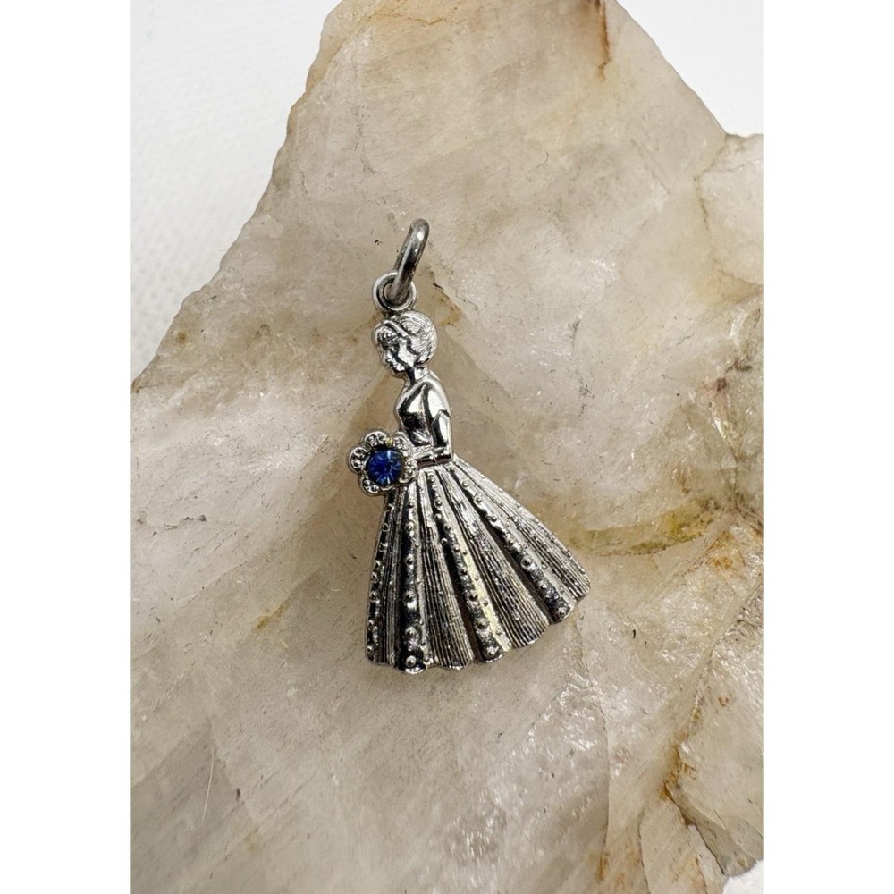 Vintage Sterling Silver Bride Bouquet Charm Blue Glass Stone Dress Pendant 1.8g‎